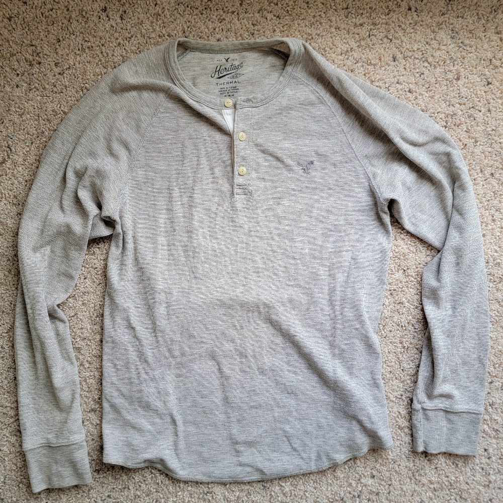 American Eagle Men's Long Sleeve Thermal Henley Shirt Light Grey Size Medium